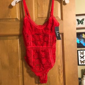 LuLus lady marmalade red lace bodysuit NWT